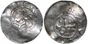 Pomerania? Slavic lands? 11th century. AR Denar (18mm, 1.42g). Unknown mint. Figure(?) / Cross with one pellet in two angles and annulet in one angle....
