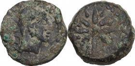 Hispania. Malaka. AE Quarter Unit (Quadrans) c. 80-20 BC. Obv. Head of Hephaistos right, wearing conical hat; Punic ethnic behind. Rev. Eight-rayed st...