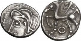 Celtic World. Central Gaul. Bituriges Cubi. AR Quinarius, c. 100/80-60 BC. Obv. Head left. Rev. Horse left; above, branch; below, pellet in circle. De...