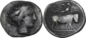 Greek Italy. Central and Southern Campania, Neapolis. AR Didrachm, c. 395-385 BC. Obv. Diademed head of nymph right, wearing earring and necklace. Rev...