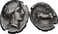 Greek Italy. Central and Southern Campania, Neapolis. AR Didrachm, c. 395-385 BC. Obv. Diademed head of nymph right, wearing earring and necklace; beh...