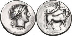 Greek Italy. Central and Southern Campania, Neapolis. AR Fourrée (?) Didrachm, c. 300-275 BC. Obv. Diademed head of Parthenope right, wearing pendant ...