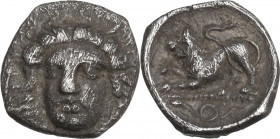 Greek Italy. Central and Southern Campania, Phistelia. AR Obol, c. 325-275 BC. Obv. Female head facing slightly left. Rev. Lion standing left; coiled ...