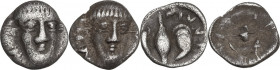Greek Italy. Central and Southern Campania, Phistelia. Lot of two (2) AR Obols, c. 325-275 BC. Obv. Male head facing slightly right. Rev. Dolphin, bar...
