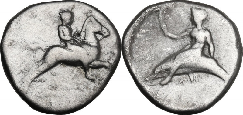 Greek Italy. Southern Apulia, Tarentum. AR Nomos, c. 380-340 BC. Obv. Nude youth...