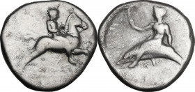 Greek Italy. Southern Apulia, Tarentum. AR Nomos, c. 380-340 BC. Obv. Nude youth, holding rein, riding horse galloping right. Rev. Phalanthos, nude, h...