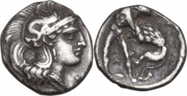 Greek Italy. Southern Apulia, Tarentum. AR Diobol, c. 380-325 BC. Obv. Head of Athena right, wearing crested Attic helmet decorated with hippocamp. Re...