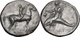 Greek Italy. Southern Apulia, Tarentum. AR Nomos, c. 302-280 BC. Obv. Youth on horseback right, crowning horse with wreath; ΣA to left, ΦIΛI/APXOΣ in ...