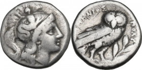 Greek Italy. Southern Apulia, Tarentum. AR Drachm, c. 325-280 BC. Neumenios, magistrate. Obv. Helmeted head of Athena right. Rev. Owl standing right; ...
