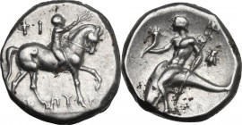 Greek Italy. Southern Apulia, Tarentum. AR Nomos, c. 272-240 BC. Iopyros and Fi-, magistrates. Obv. Youth on horseback right, crowning horse with wrea...