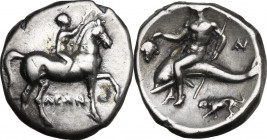 Greek Italy. Southern Apulia, Tarentum. AR Nomos, c. 272-240 BC. Obv. Youth on horseback right, crowning horse with wreath; ΛEΩN below. Rev. Phalantho...