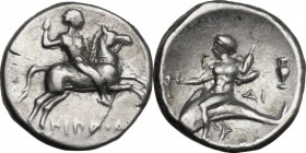 Greek Italy. Southern Apulia, Tarentum. AR Nomos, c. 272-240 BC. Hippoda- and Di-, magistrates. Obv. Warrior on horseback riding right, holding spear;...