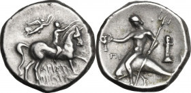 Greek Italy. Southern Apulia, Tarentum. AR Nomos, c. 272-240 BC. Aristokrates and Pi-, magistrates. Obv. Youth on horseback right, crowning horse and ...