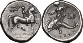 Greek Italy. Southern Apulia, Tarentum. AR Nomos, c. 272-240 BC. Aristeides and Fi-, magistrates. Obv. Youth on horseback right; behind, Nike flying r...