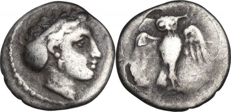 Greek Italy. Northern Lucania, Velia. AR Diobol, c. 300-280 BC. Obv. Head of nym...