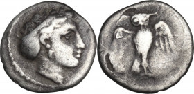 Greek Italy. Northern Lucania, Velia. AR Diobol, c. 300-280 BC. Obv. Head of nymph right, hair in sakkos. Rev. Owl facing with spread wings. HN Italy ...