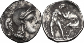 Greek Italy. Southern Lucania, Heraclea. AR Diobol, c. 433-330 BC. Obv. Head of Athena right, wearing Attic crested plain helmet. Rev. |-HPAKΛEIΩN. He...
