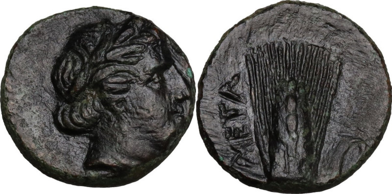 Greek Italy. Southern Lucania, Metapontum. AE 14.5 mm. c. 300-250 BC . Obv. Head...