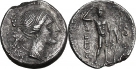 Greek Italy. Bruttium, Brettii. AR Drachm, c. 216-214 BC. Second Punic War issue. Obv. Diademed and draped bust of Nike right; club and crescent behin...