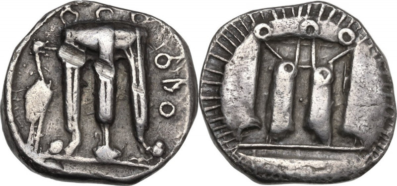 Greek Italy. Bruttium, Kroton. AR Stater, 480-430 BC. Obv. Tripod; to left, mash...