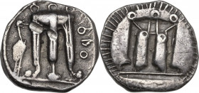 Greek Italy. Bruttium, Kroton. AR Stater, 480-430 BC. Obv. Tripod; to left, mash-bird. Rev. Incuse tripod. HN Italy 2102. AR. 7.97 g. 22.00 mm. Toned....