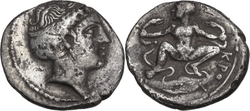Greek Italy. Bruttium, Kroton. AR Diobol, c. 390 BC. Obv. Head of Persephone rig...