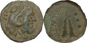 Greek Italy. Bruttium, Vibo Valentia. AE Quadrans, c. 193-150 BC. Obv. Head of Herakles right, wearing lion skin; behind, three pellets. Rev. VALENTIA...