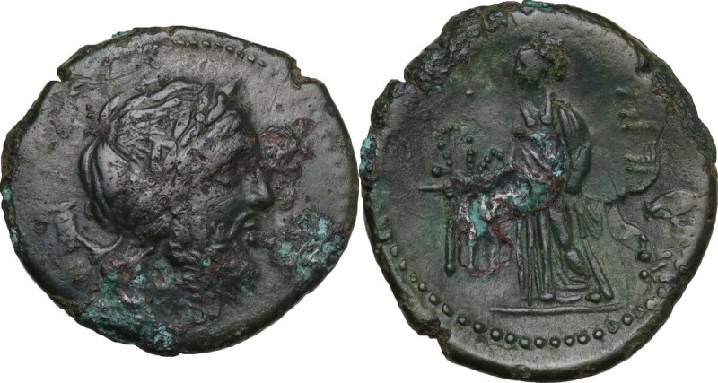Greek Italy. Bruttium, Rhegion. AE Tetras, circa 260-215 BC. Obv. Laureate head ...