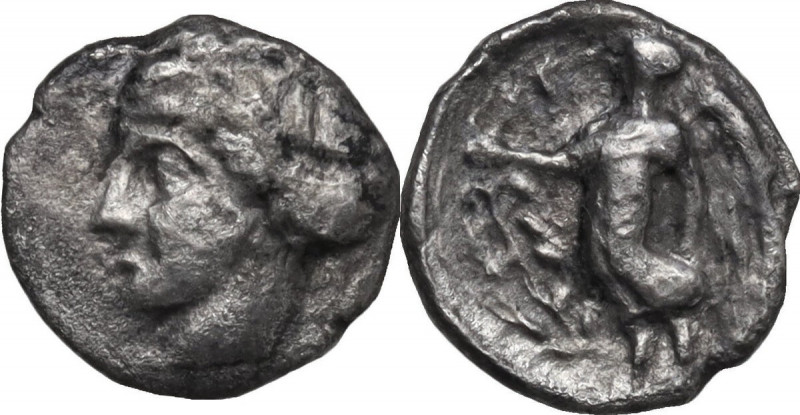 Greek Italy. Bruttium, Terina. AR Obol, c. 420-400 BC. Obv. Head of Nymph Terina...
