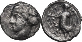 Greek Italy. Bruttium, Terina. AR Obol, c. 420-400 BC. Obv. Head of Nymph Terina leftt, hair bound with sphendone. Rev. Nike flying left, holding bran...