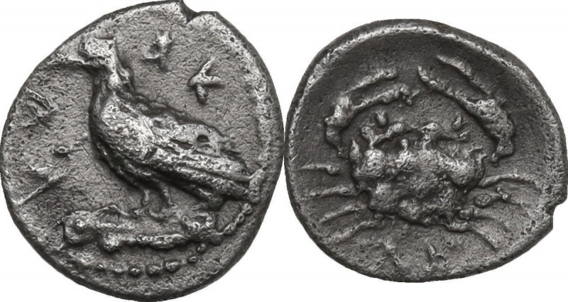 Sicily. Akragas. AR Litra, circa 450-440 BC. Obv. AK-PA (retrograde). Eagle stan...