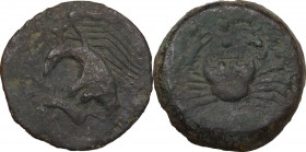 Sicily. Akragas. AE Hemilitron-Hexonkion, c. 420-406 BC. Obv. Sea eagle on hare left. Rev. Crab; below, crawfish left; six pellets around. CNS I 26; H...