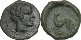 Sicily. Eryx. AE Onkia (?) c. 412-409 BC. Obv. Male head right. Rev. Hound left, head right; pellet above, hare below. HGC 2 316; CNS I 13A; Campana 3...