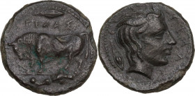 Sicily. Gela. AE Tetras or Trionkion, c. 420-405 BC. Obv. Bull standing left; olive leaf and ΓEΛAΣ above, three pellets below. Rev. Horned head of you...