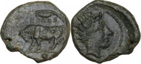 Sicily. Gela. AE Onkia, c. 420-405 BC. Obv. ΓΕΛΑΣ. Bull standing left; above, barley grain; in exergue, pellet. Rev. Horned head of Gelas right; barle...