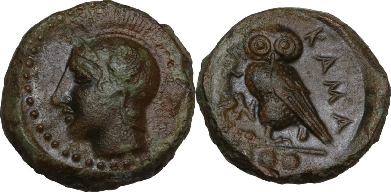 Sicily. Kamarina. AE Tetras or Trionkion, c. 420-405 BC. Obv. Head of Athena lef...