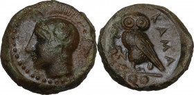 Sicily. Kamarina. AE Tetras or Trionkion, c. 420-405 BC. Obv. Head of Athena left, wearing crested Attic helmet decorated with wing. Rev. Owl standing...