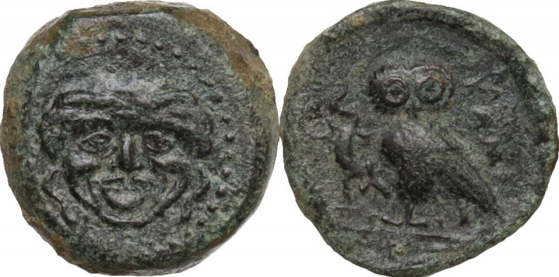 Sicily. Kamarina. AE Onkia. Circa 420-405 BC. Obv. Gorgoneion. Rev. KAMA. Owl st...