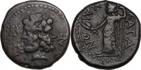 Sicily. Katane. AE 22.5 mm. c. 204-187 BC. Obv. Janiform head of Serapis; three monograms around. Rev. KATANAIΩN. Demeter standing left, holding grain...