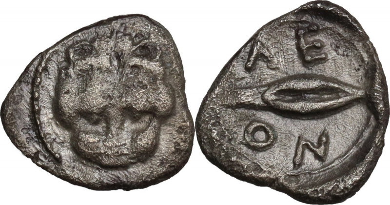 Sicily. Leontini. AR Obol, c. 460-400 BC. Obv. Facing lion's scalp. Rev. ΛE/ON r...