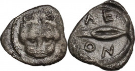 Sicily. Leontini. AR Obol, c. 460-400 BC. Obv. Facing lion's scalp. Rev. ΛE/ON retrograde. Barley grain. HGC 2 687; SNG ANS 216 (litra); Boehringer, L...