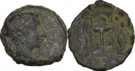 Sicily. Leontini. AE Tetras, c. 405-402 BC. Obv. Laureate head of Apollo right, olive leaf behind. Rev. Tripod with lyre between legs, flanked by barl...