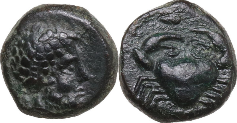 Sicily. Motya. AE 10.5 mm. c. 400-397 BC. Obv. Bearded male head right. Rev. Cra...