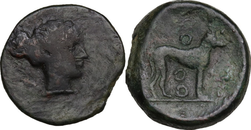 Sicily. Segesta. AE Trias, c. 400-390 BC. Obv. Head of nymph Segesta right, hair...