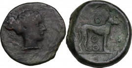 Sicily. Segesta. AE Trias, c. 400-390 BC. Obv. Head of nymph Segesta right, hair bound. Rev. Hound standing right; above and below, two annulets; to r...