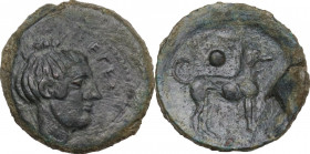 Sicily. Segesta. AE Onkia, c. 420-410 BC. Obv. ΣEΓE. Head of the nymph Aigeste right, hair tied up and held by fillet. Rev. Hound standing right; abov...