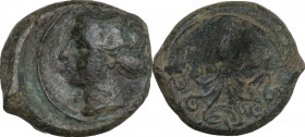 Sicily. Syracuse. Second Democracy (466-406 BC). AE Hexas, c. 410-405 BC. Obv. Head of Arethusa left, hair in sphendone; pellet behind neck. Rev. Octo...