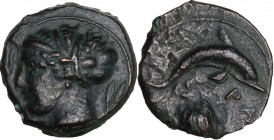 Sicily. Syracuse. Dionysos I (406-367 BC). AE Hemilitron. Obv. Head of Arethusa left, wearing necklace, hair bound in ampyx and sphendone; olive leave...
