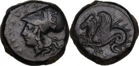 Sicily. Syracuse. Dionysios I to Dionysios II. AE Hemilitron, 375-344 BC. Obv. ΣΥΡΑKΩΣΙΑ. Head of Athena left, wearing helmet decorated with coiled se...