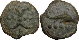 Dioscuri/Mercury series. AE Cast Triens, c. 275-270 BC. Obv. Thunderbolt; on either side, two pellets. Rev. Dolphin right; below, four pellets. Cr. 14...